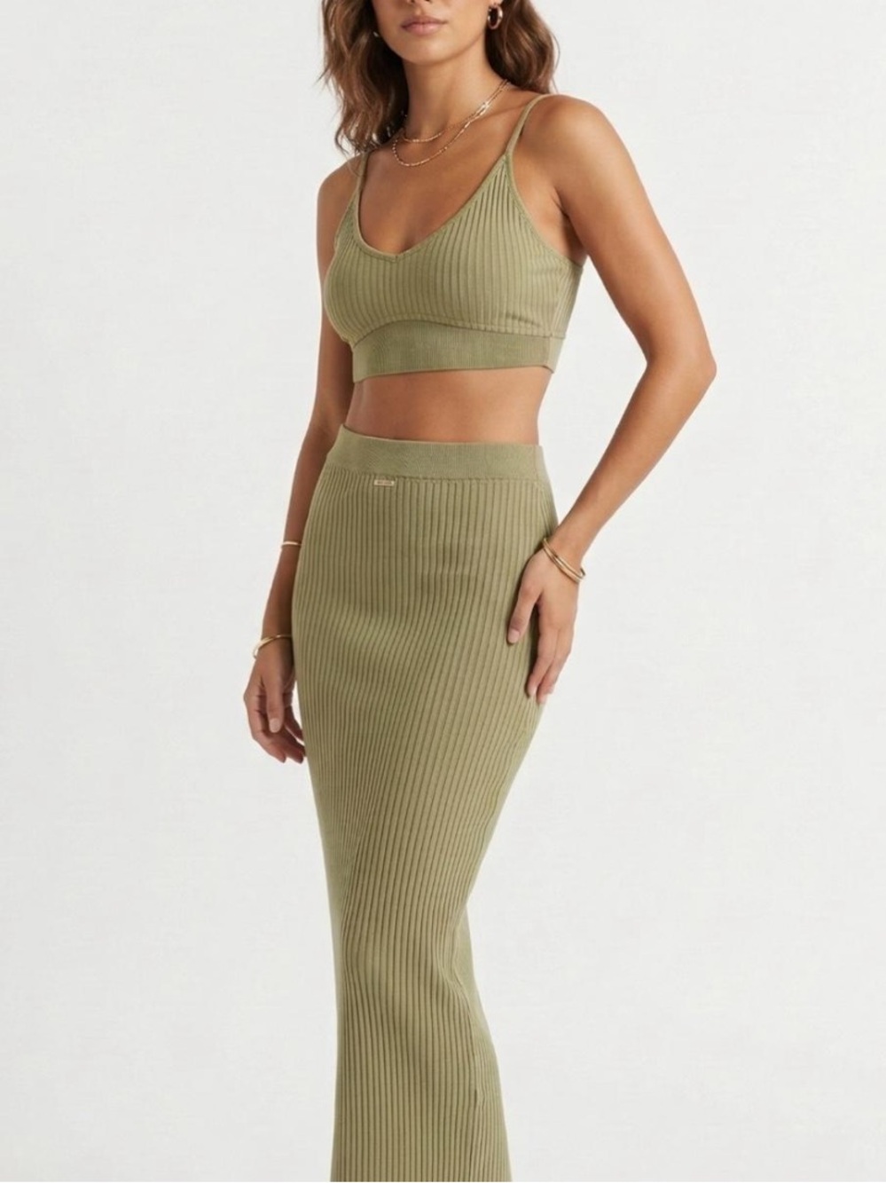 Ribbed Olive Green Maxi Skirt set